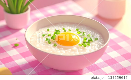 Congee with Half Boiled Egg and Chopped Green Onion Congee with Half Boiled Egg and Chopped Green Onion 135259615