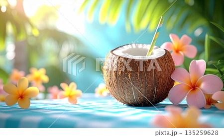 Fresh Coconut Drink in a Coconut with Tropical Flowers 135259628