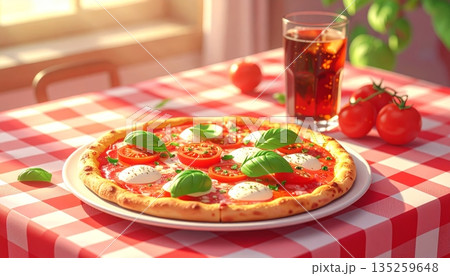 Margherita Pizza with Cola on Red Table in 3D Cartoon Style Margherita Pizza with Cola on Red Table in 3D Cartoon Style 135259648
