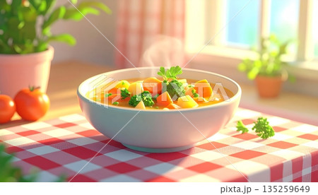 Chicken Soup with Vegetables in 3D Cartoon Style Chicken Soup with Vegetables in 3D Cartoon Style 135259649