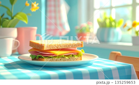 Ham and Cheese Sandwich in 3D Cartoon Style 135259653