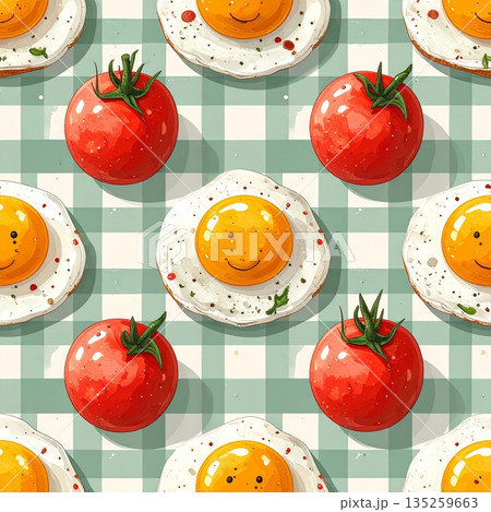 Sunny Side Up Eggs with Tomatoes on Light Green Gingham Watercolor Background 135259663