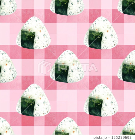 Japanese Onigiri on Light Pink Gingham Watercolor Background Japanese Onigiri on Light Pink Gingham Watercolor Background 135259692