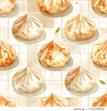 Steamed Dumplings on Beige Gingham Watercolor Background 135259693