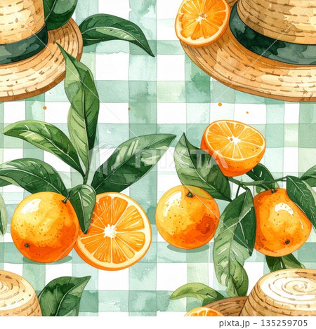 Bitter Orange with Straw Hat on Light Green Gingham Watercolor Background Bitter Orange with Straw Hat on Light Green Gingham Watercolor Background 135259705