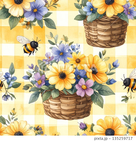 Basket of Flowers with Bees on Light Yellow Gingham Watercolor Background 135259717