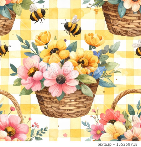 Basket of Flowers with Bees on Light Yellow Gingham Watercolor Background 135259718