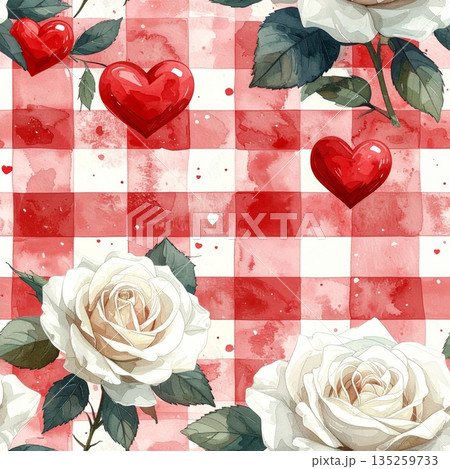 White Roses and Red Hearts on Red Gingham Watercolor Background 135259733