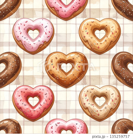 Heart Shaped Donuts and Bread on Cream Gingham Watercolor Background Heart Shaped Donuts and Bread on Cream Gingham Watercolor Background 135259757