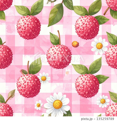 Lychee and White Daisy on Pink Gingham Watercolor Background 135259789