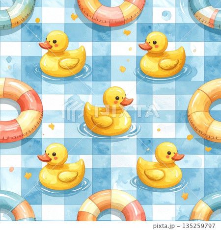 Flip Flops and Sunscreen on Pink Gingham Watercolor Background 135259797