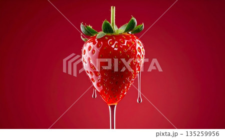Studio Food Photography of Strawberry Skewer Drizzled with Clear Syrup 135259956