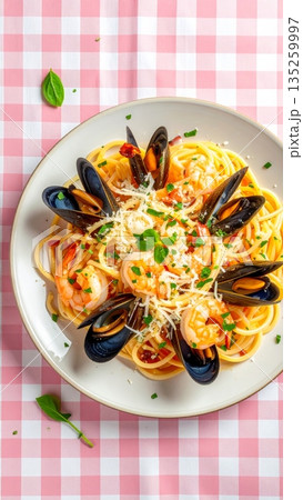 Studio Food Photography of Seafood Pasta Studio Food Photography of Seafood Pasta 135259997