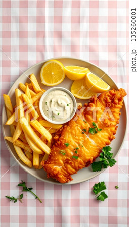 Studio Food Photography of Fish and Chips 135260001