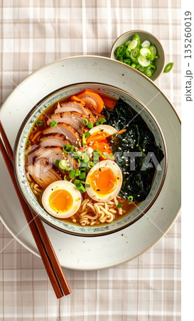 Studio Food Photography of Ramen with Boiled Egg, Chashu Pork, Vegetables and Seaweed 135260019