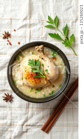 Studio Food Photography of Samgyetang Chicken Soup with Ginseng and Rice Studio Food Photography of Samgyetang Chicken Soup with Ginseng and Rice 135260023