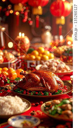 Traditional Chinese Lunar New Year Feast with Roast Duck and Fresh Ingredients Traditional Chinese Lunar New Year Feast with Roast Duck and Fresh Ingredients 135260127