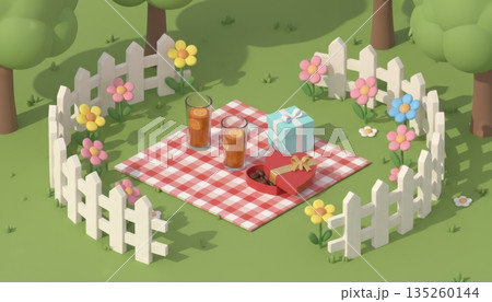 3D Picnic Garden with White Wooden Fence, Blanket, Juice Glasses, Gift Box and Red Chocolate Box 3D Picnic Garden with White Wooden Fence, Blanket, Juice Glasses, Gift Box and Red Chocolate Box 135260144