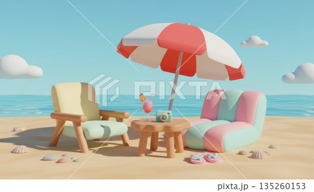 3D Pastel Beach Chairs and Sunbeds with White-Red Umbrella, Juice Cocktail, Flip-Flops and Camera 3D Pastel Beach Chairs and Sunbeds with White-Red Umbrella, Juice Cocktail, Flip-Flops and Camera 135260153