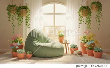 3D Cozy Reading Room with Bean Bag Chair, Potted Flowers, Hanging Rattan Plants, White Fluffy Rug and Sunlight through Large Window 3D Cozy Reading Room with Bean Bag Chair, Potted Flowers, Hanging Rattan Plants, White Fluffy Rug and Sunlight through Large Window 135260155