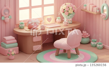 3D Cozy Pink-Green Home Office with Heart-Shaped Chocolate Box and Wrapped Rose Bouquet 3D Cozy Pink-Green Home Office with Heart-Shaped Chocolate Box and Wrapped Rose Bouquet 135260156