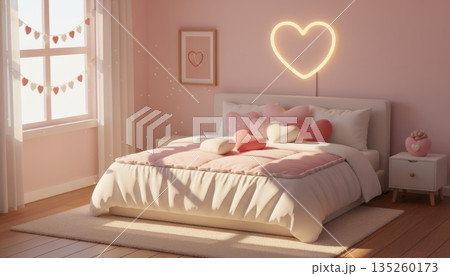 3D Romantic Bedroom with Large Bed, Heart Pillows and LED Heart-Shaped Lamp 135260173