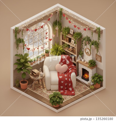Isometric Reading Room with Armchair, Large Cottage Window, Hanging Plants and Valentine Decoration Isometric Reading Room with Armchair, Large Cottage Window, Hanging Plants and Valentine Decoration 135260180