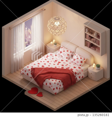 Isometric Pastel Bedroom with Double Bed, Heart Bedding, Hanging Lamp and Heart Rug Isometric Pastel Bedroom with Double Bed, Heart Bedding, Hanging Lamp and Heart Rug 135260181