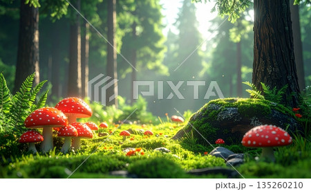 Cartoon Pine Forest Clearing with Red Mushrooms and Mossy Fallen Log 135260210