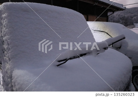 一晩で積もった雪に覆われた車、冬の厳しさを伝える朝 135260323