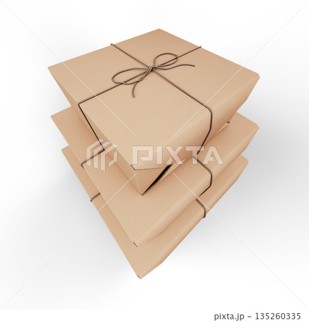 Kraft paper gift box tied with string, isolated on white background. 3D Illustration. File with Clipping Path. Kraft paper gift box tied with string, isolated on white background. 3D Illustration. File with Clipping Path. 135260335