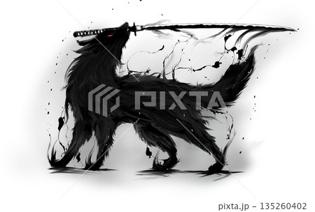 刀を咥えた狼の水墨画アート和風なイラスト 刀を咥えた狼の水墨画アート和風なイラスト 135260402