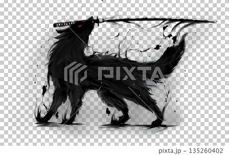 A Japanese-style ink painting of a wolf holding a sword A Japanese-style ink painting of a wolf holding a sword 135260402
