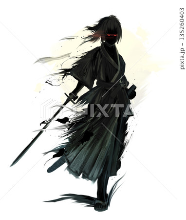 墨絵の侍シルエット - 躍動感あふれるアートな水墨画のイラスト 135260403