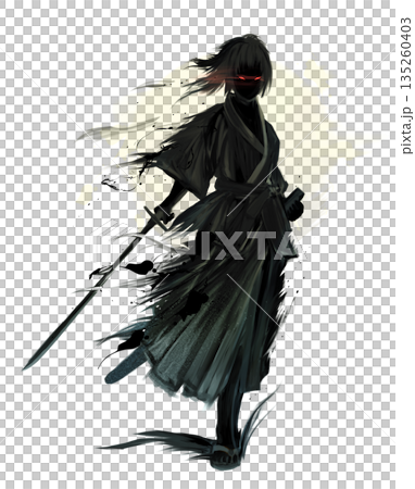 墨絵の侍シルエット - 躍動感あふれるアートな水墨画のイラスト 135260403