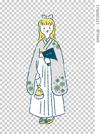 Illustration of a young woman standing in a haori and hakama holding a diploma 135260621
