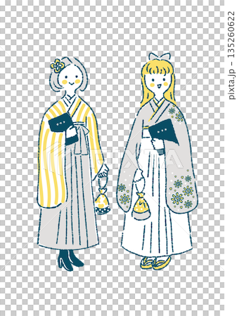 卒業証書を持って羽織袴姿で立つ二人の若い女性のイラスト 135260622