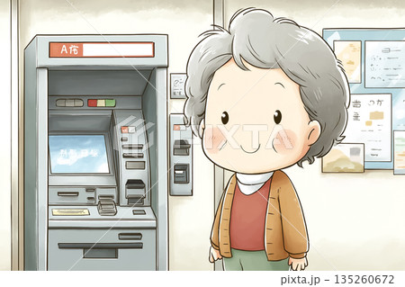 ATMを利用する高齢女性のイラスト｜詐欺被害防止を呼びかけるやさしい金融啓発素材 135260672