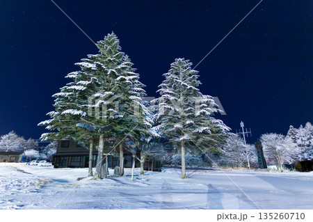 冬の霧ケ峰高原から樹氷の上に輝く星空 135260710