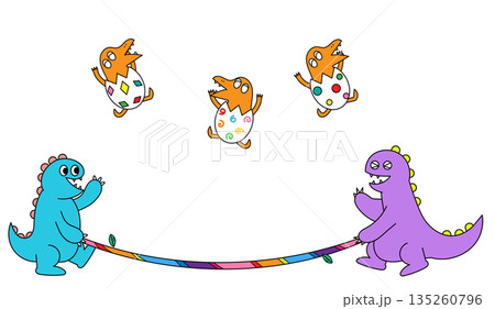恐竜たちがなわとび遊びをして子供の恐竜が跳ねている楽しいイラスト 恐竜たちがなわとび遊びをして子供の恐竜が跳ねている楽しいイラスト 135260796