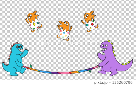 恐竜たちがなわとび遊びをして子供の恐竜が跳ねている楽しいイラスト 恐竜たちがなわとび遊びをして子供の恐竜が跳ねている楽しいイラスト 135260796
