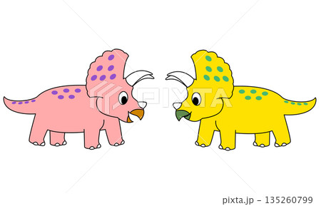向かい合う2匹の角のある恐竜をかわいく描いた子供向けのイラスト 135260799
