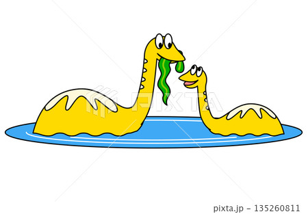 水辺で殻から生まれる2匹の恐竜の赤ちゃんを描いたかわいいイラスト 水辺で殻から生まれる2匹の恐竜の赤ちゃんを描いたかわいいイラスト 135260811
