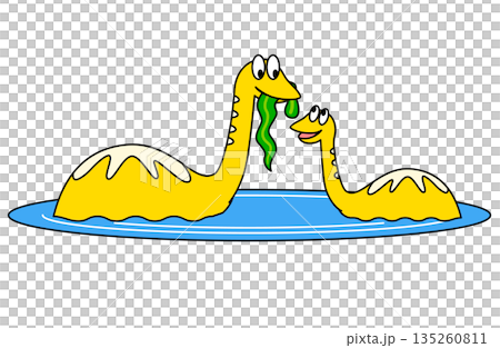 水辺で殻から生まれる2匹の恐竜の赤ちゃんを描いたかわいいイラスト 水辺で殻から生まれる2匹の恐竜の赤ちゃんを描いたかわいいイラスト 135260811