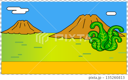 A simple pop background illustration of the earth and mountains of the dinosaur era 135260813