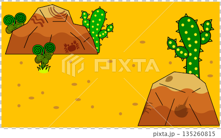 Pop art background illustration of a dry desert dotted with cacti and rocks Pop art background illustration of a dry desert dotted with cacti and rocks 135260815