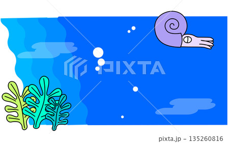 水族館や海の世界をイメージした、かわいいアンモナイトと海藻のイラスト 135260816