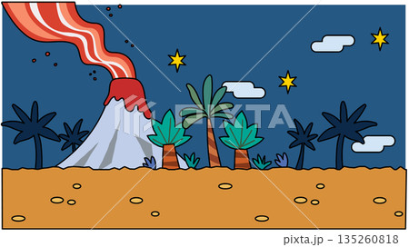 火山とヤシの木がある南国の夜を描いた、ファンタジー背景イラスト 火山とヤシの木がある南国の夜を描いた、ファンタジー背景イラスト 135260818