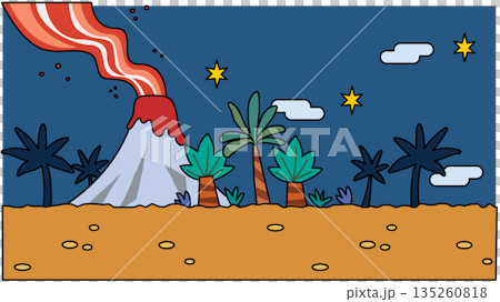 火山とヤシの木がある南国の夜を描いた、ファンタジー背景イラスト 火山とヤシの木がある南国の夜を描いた、ファンタジー背景イラスト 135260818