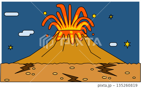 噴火する火山を描いた、ポップでシンプルなファンタジー背景イラスト 135260819